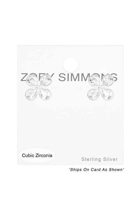 Sterling Silver Flower Ear Studs With Cubic Zirconia - SS