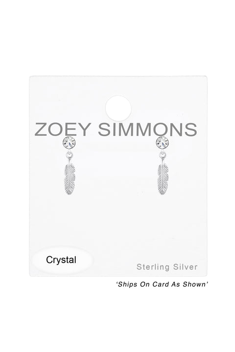 Sterling Silver Hanging Feather Ear Studs With Crystal - SS