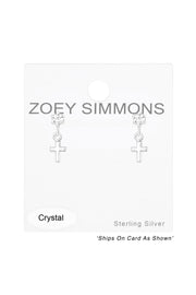 Sterling Silver Ear Studs With Crystal & Hanging Cross - SS