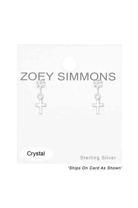 Sterling Silver Ear Studs With Crystal & Hanging Cross - SS