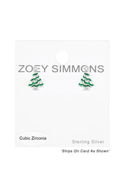 Sterling Silver Christmas Tree Ear Studs & CZ - SS