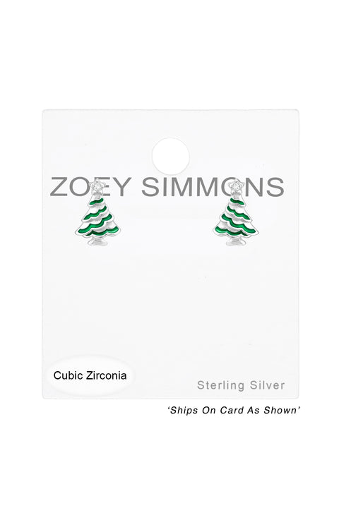Sterling Silver Christmas Tree Ear Studs & CZ - SS