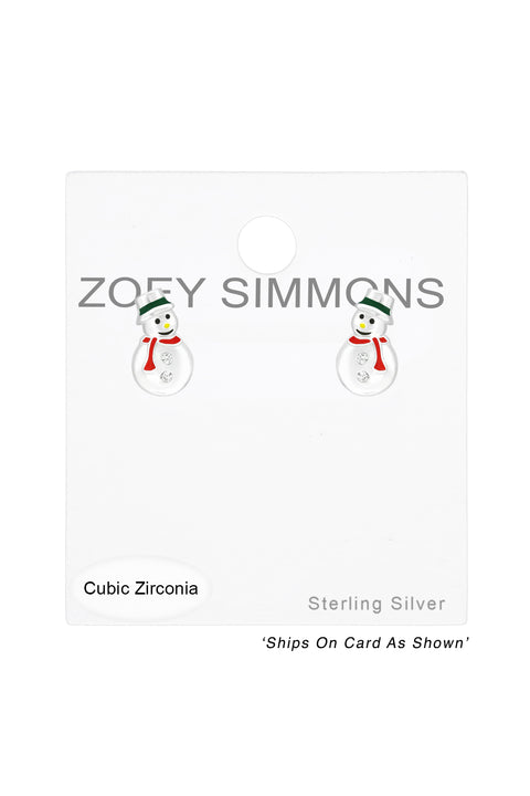 Children's Sterling Silver Snowman Ear Studs With CZ - SS