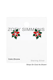 Sterling Silver Holly Ear Studs With CZ and Epoxy - SS