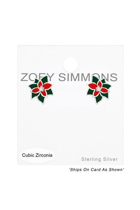 Sterling Silver Holly Ear Studs With CZ and Epoxy - SS