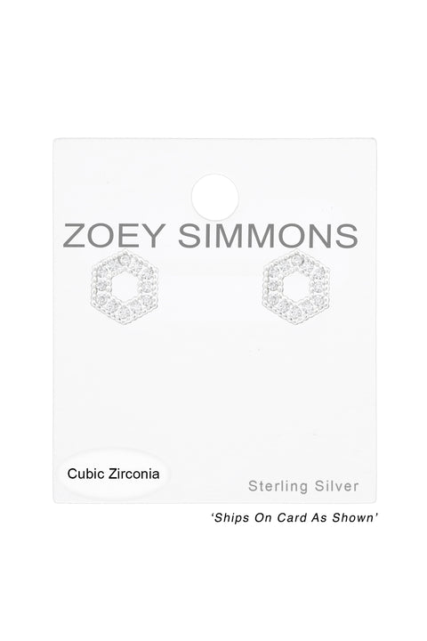Sterling Silver Hexagon Ear Studs With Cubic Zirconia - SS