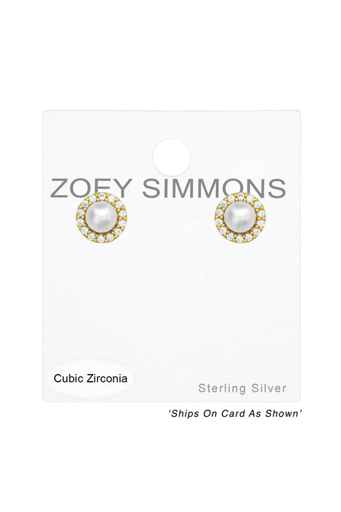Sterling Silver Geometric Ear Studs With CZ and Pearl - VM