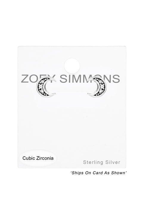 Sterling Silver Moon Ear Studs With Cubic Zirconia - SS