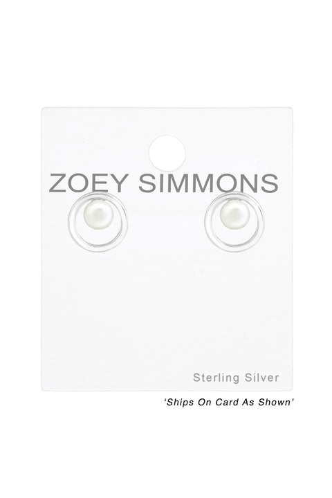 Sterling Silver Circle Ear Studs With Snythetic Pearl - SS