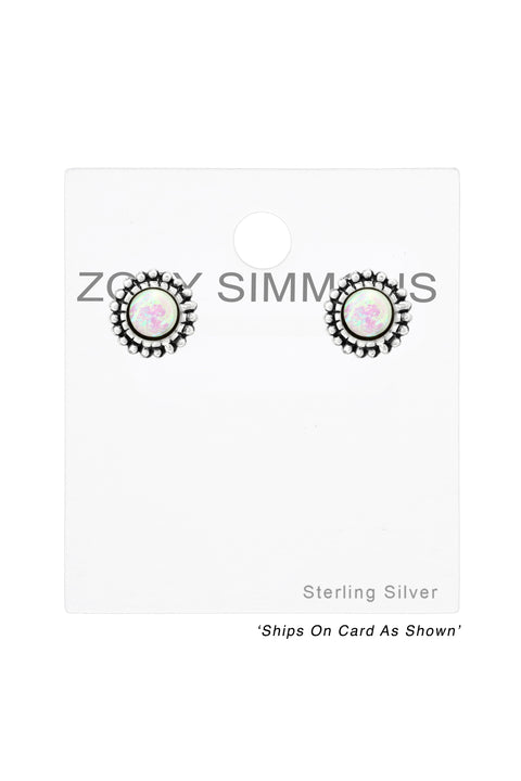 Sterling Silver Round Ear Studs With Snythetic Opal - SS
