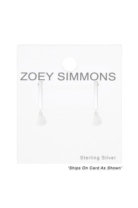 Sterling Silver Bar With Hanging Pom-Pom Ear Studs - SS