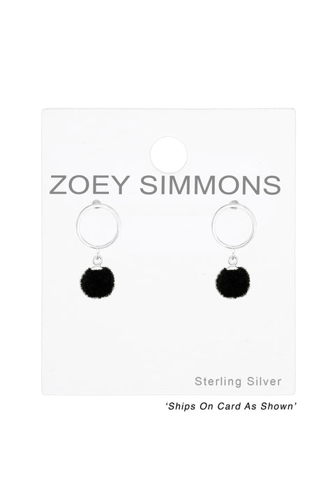 Sterling Silver Circle With Hanging Pom-Pom Ear Studs - SS