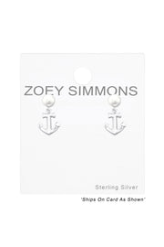 Sterling Silver Anchor Ear Studs With Synthetic Pearl - SS