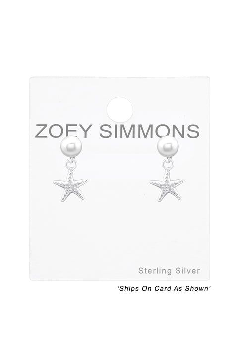 Sterling Silver Pearl Ear Studs With Hanging Starfish - SS