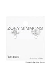 Sterling Silver Cactus Ear Studs With Cubic Zirconia - SS