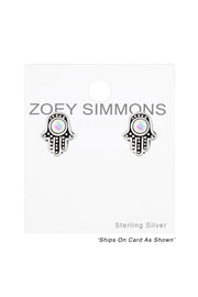 Sterling Silver Hamsa Ear Studs With Synthetic Opal - SS
