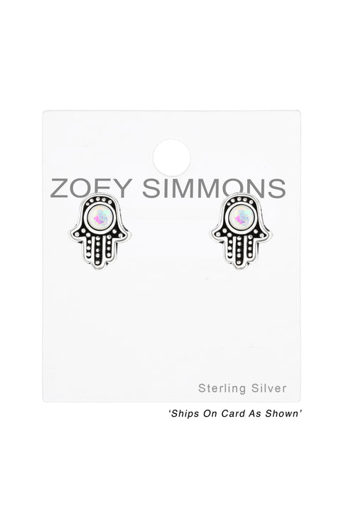 Sterling Silver Hamsa Ear Studs With Synthetic Opal - SS