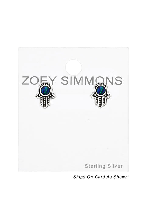 Sterling Silver Hamsa Ear Studs With Opal - SS