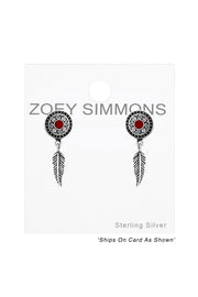 Sterling Silver Oxidized Ear Studs With Hanging Feather - SS