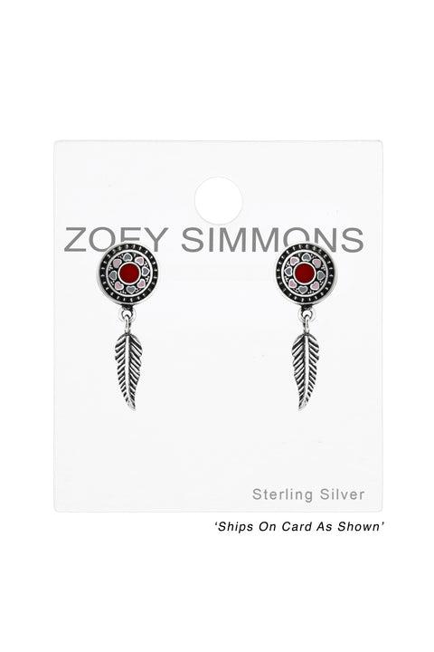 Sterling Silver Oxidized Ear Studs With Hanging Feather - SS