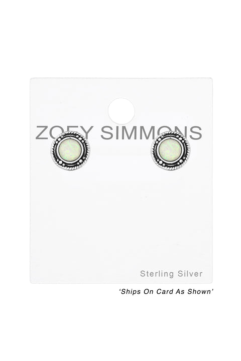 Sterling Silver Round Ear Studs & Synthetic Opal - SS