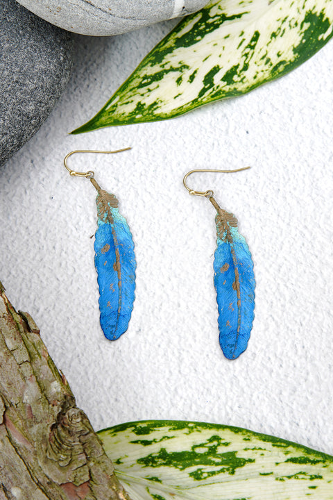 Blue Patina Over Brass Feather Earrings - BR