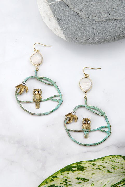 Natural Patina & MOP Perched Owl Earrings - BR