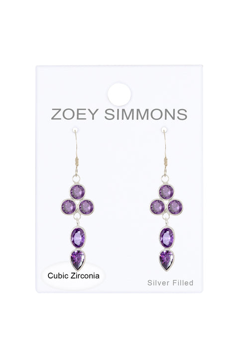 Sterling Silver & Amethyst CZ Pendulum Drop Earrings - SS