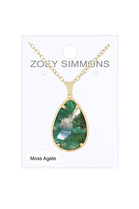 Moss Agate Pear Cut Pendant Necklace - GF