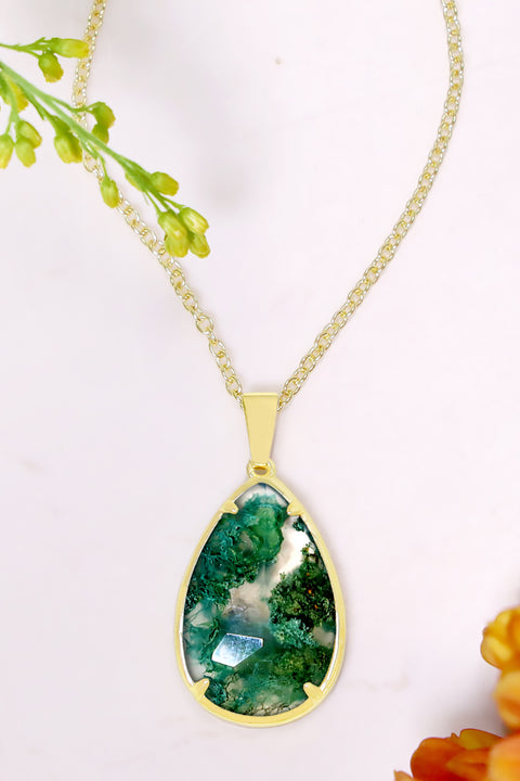 Moss Agate Pear Cut Pendant Necklace - GF