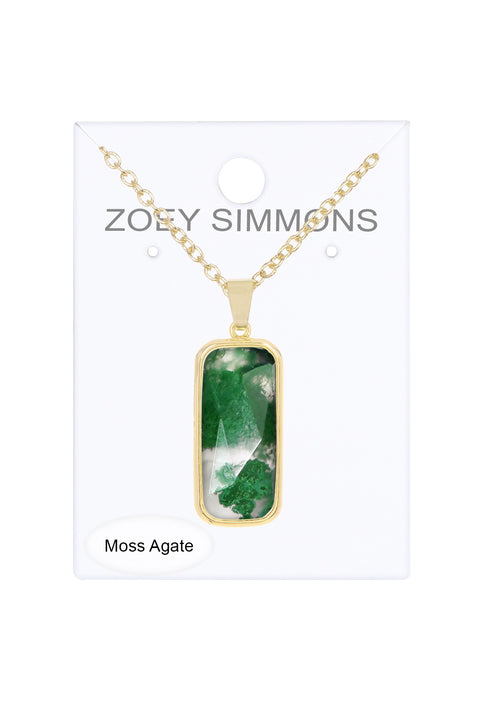 Moss Agate Rectangle Pendant Necklace - GF