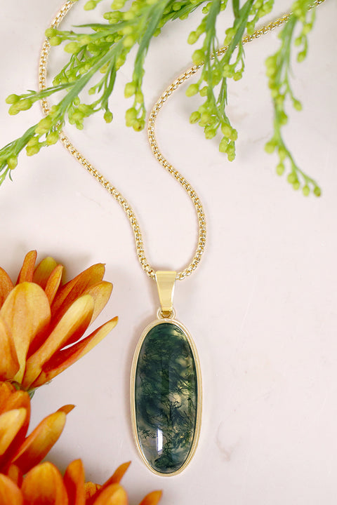 Moss Agate Oval Pendant Necklace - GF