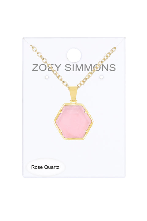 Rose Quartz Hexagon Pendant Necklace - GF