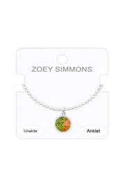 Unakite Beaded Round Charm Anklet - SF