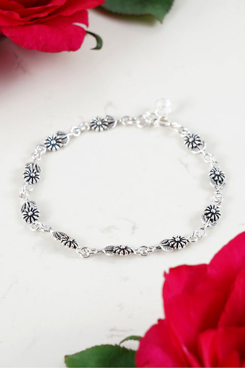 Flower Links Oxidized Charm Bracelet - SF