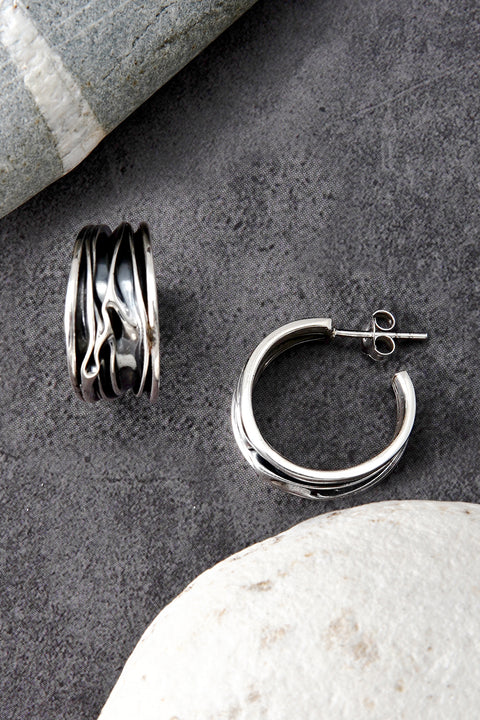 Oxidized Silver Textured Hoop Earrings - SF