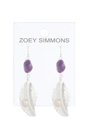 Amethyst With Pearl Feather Drop Earrings - SF