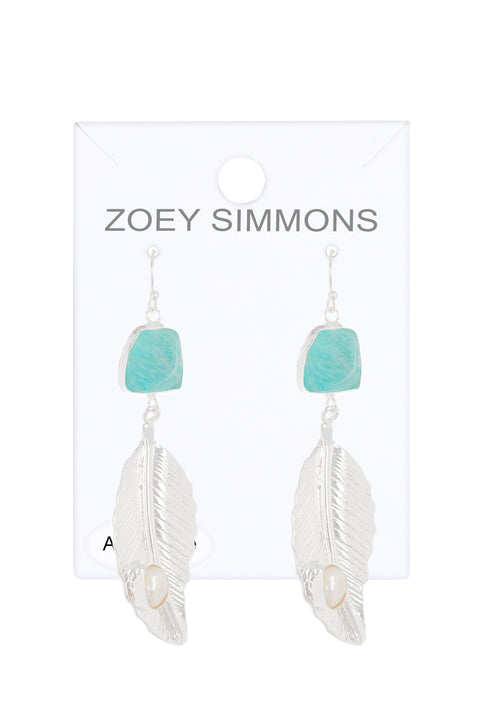 Amazonite With Pearl Feather Drop Earrings - SF