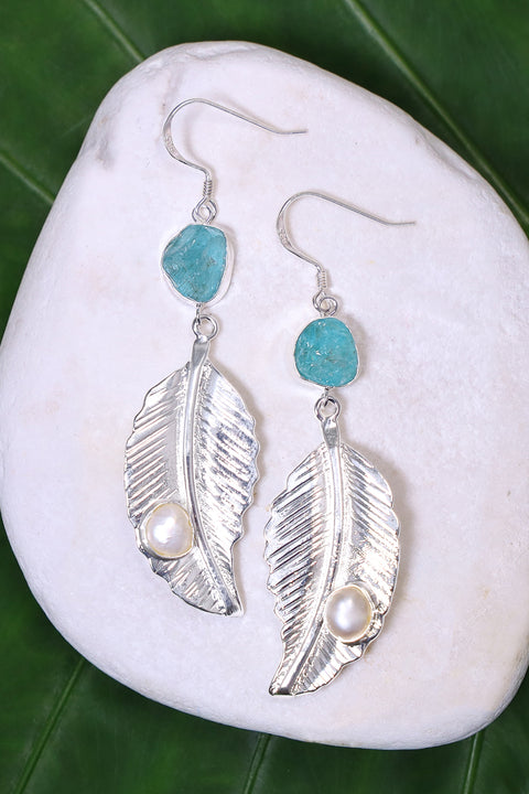 Aquamarine With Pearl Feather Drop Earrings - SF