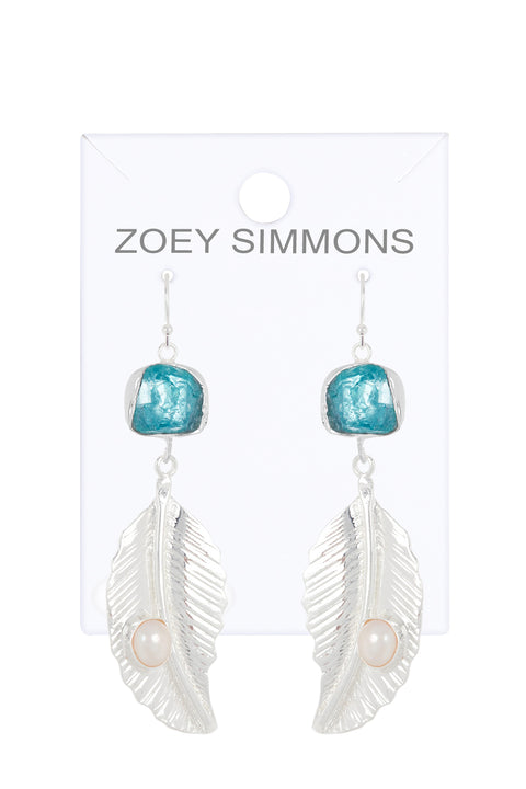 Aquamarine With Pearl Feather Drop Earrings - SF