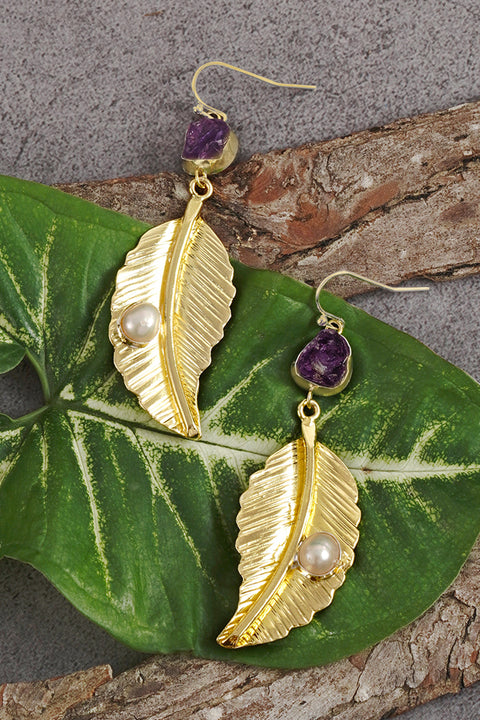 Amethyst & Pearl Feather Drop Earrings In Gold - GF