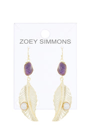 Amethyst & Pearl Feather Drop Earrings In Gold - GF