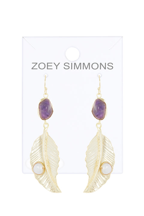 Amethyst & Pearl Feather Drop Earrings In Gold - GF