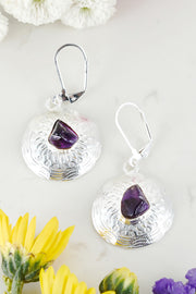 Amethyst Hammered Disc Drop Earrings - SF