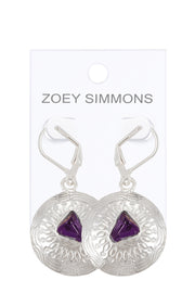 Amethyst Hammered Disc Drop Earrings - SF