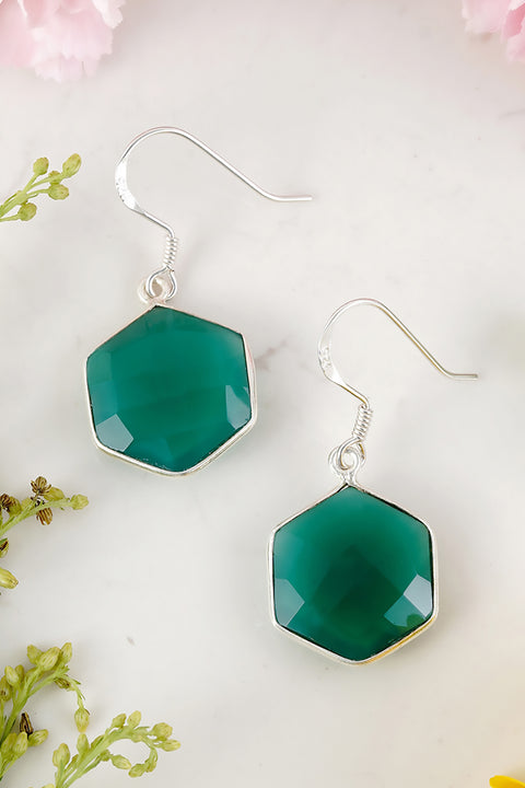 Sterling Silver & Green Onyx Octagon Drop Earrings - SS