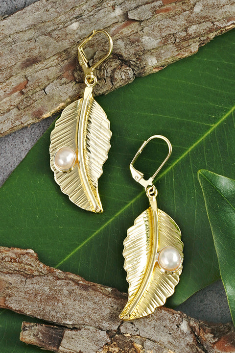 Cultured Pearl Leaf Drop Earrings In Gold - GF