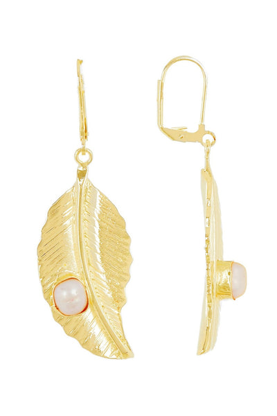 Cultured Pearl Leaf Drop Earrings In Gold - GF