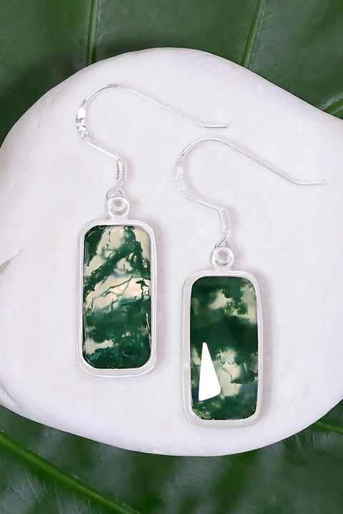 Moss Agate Rectangle Drop Earrings - SF