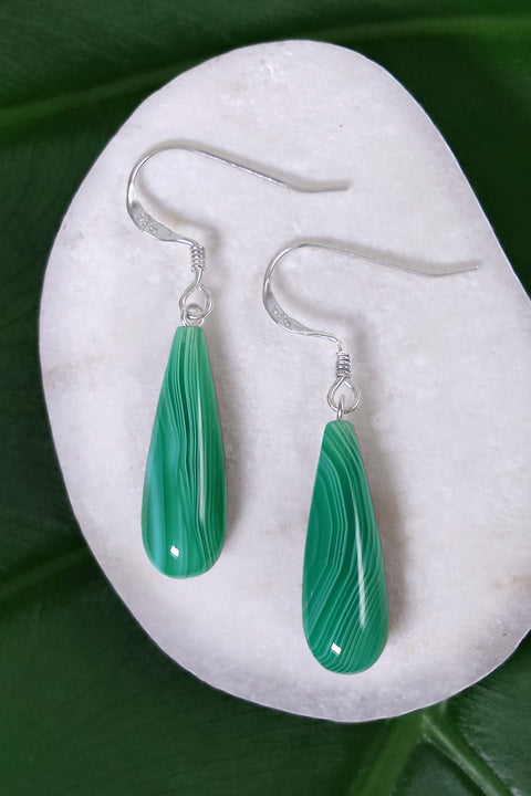 Sterling Silver & Green Lace Agate Water Drop Earrings - SS